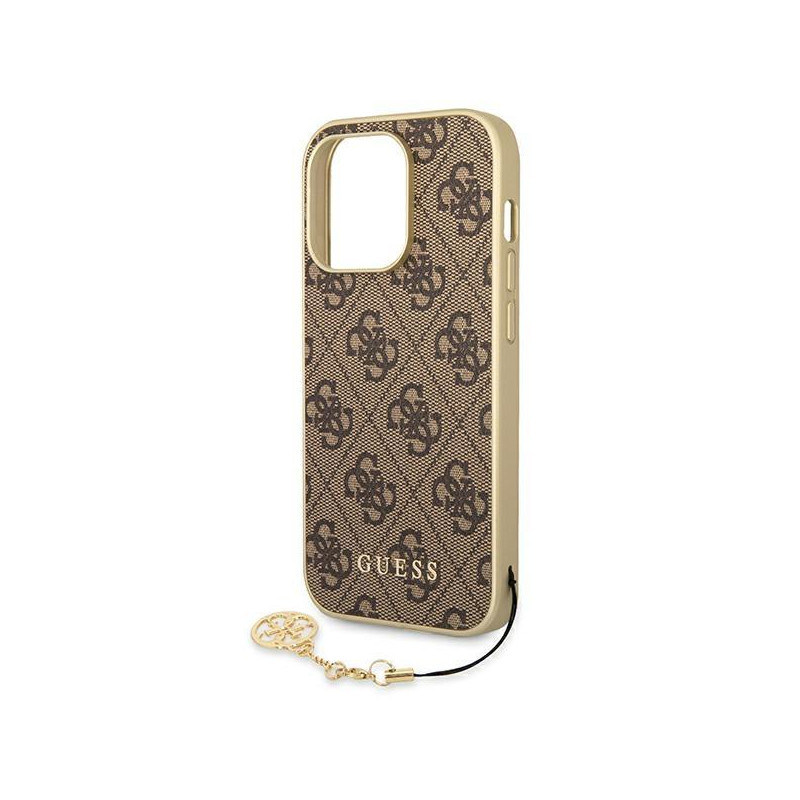Guess 4G Charms Collection dėklas, skirtas iPhone 14 Pro - rudas