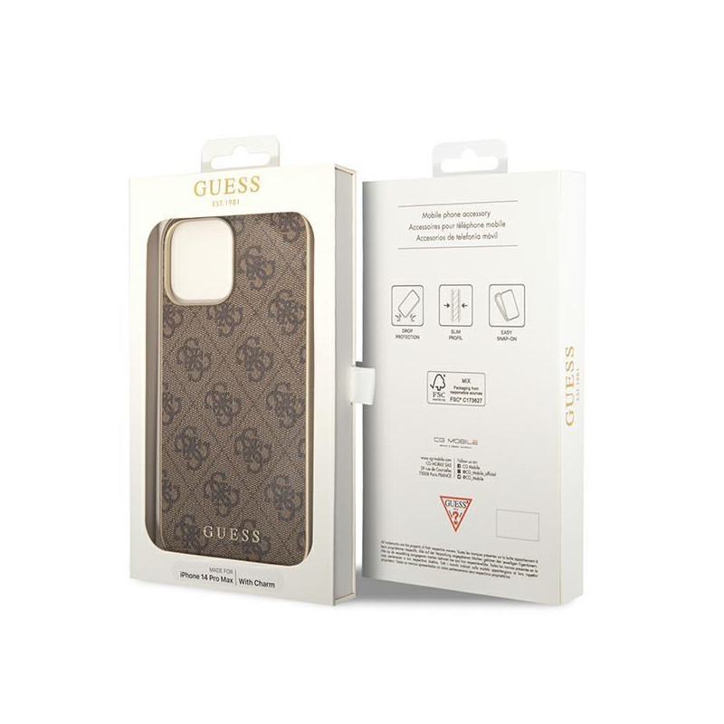 Guess 4G Charms Collection dėklas, skirtas iPhone 14 Pro - rudas