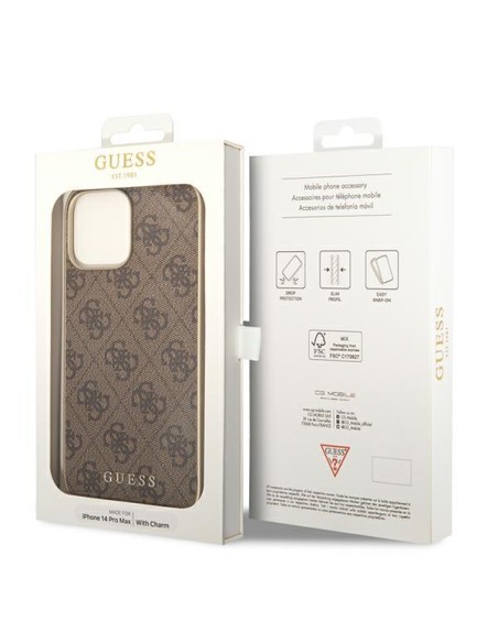 Guess 4G Charms Collection dėklas, skirtas iPhone 14 Pro - rudas
