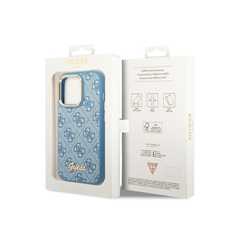 Guess 4G Vintage Gold Logo dėklas, skirtas iPhone 14 Pro - mėlynas
