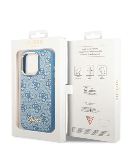 Guess 4G Vintage Gold Logo dėklas, skirtas iPhone 14 Pro - mėlynas Guess 4G Vintage Gold Logo dėklas, skirtas iPhone 14 Pro - mėlynas
