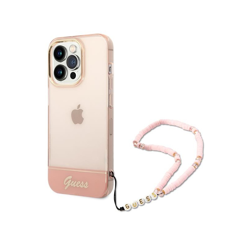 Guess Translucent Pearl Strap dėklas, skirtas iPhone 14 Pro - rožinis Guess Translucent Pearl Strap dėklas, skirtas iPhone 14 Pro - rožinis