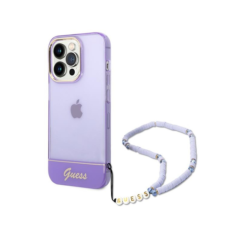 Guess Translucent Pearl Strap dėklas, skirtas iPhone 14 Pro - violetinė