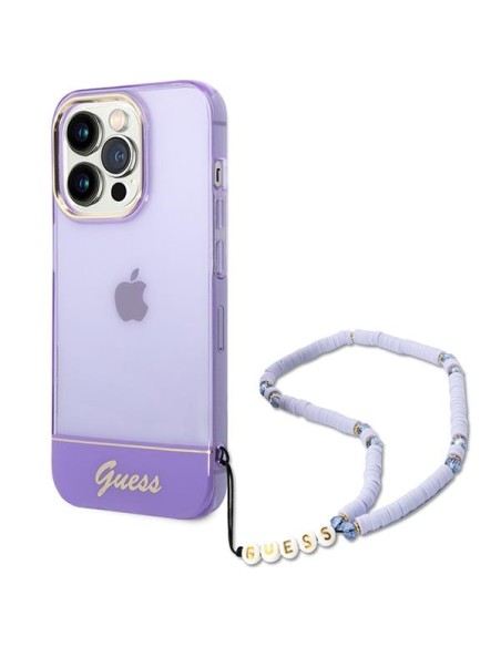 Guess Translucent Pearl Strap dėklas, skirtas iPhone 14 Pro - violetinė Guess Translucent Pearl Strap dėklas, skirtas iPhone 14 Pro - violetinė