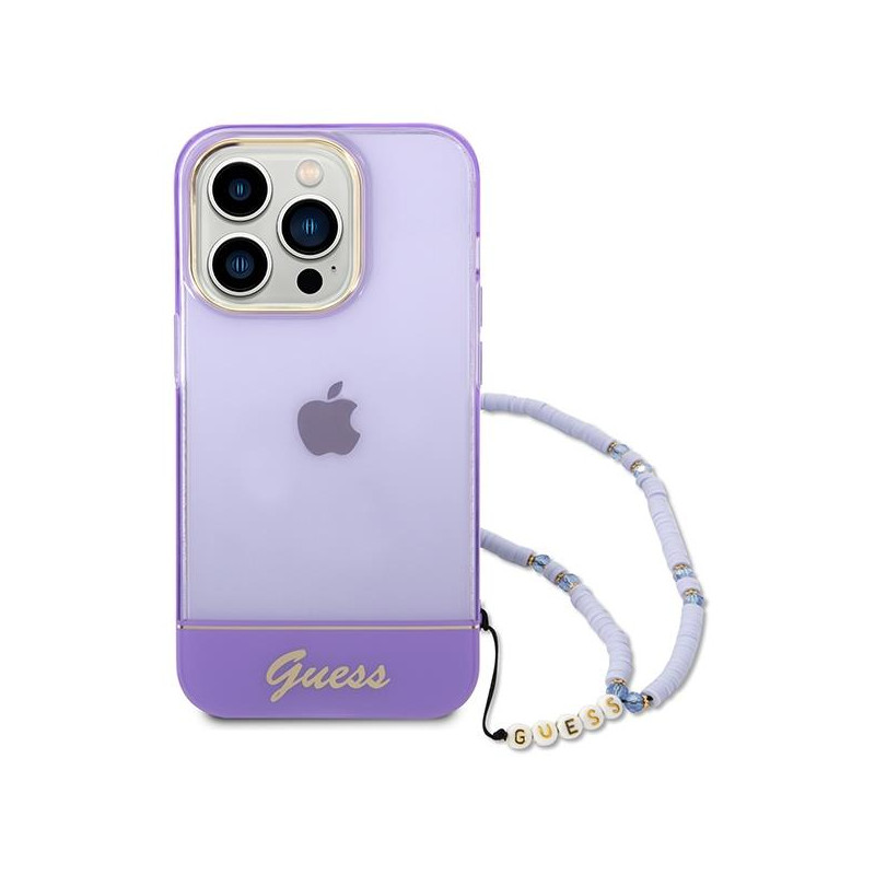 Guess Translucent Pearl Strap dėklas, skirtas iPhone 14 Pro - violetinė