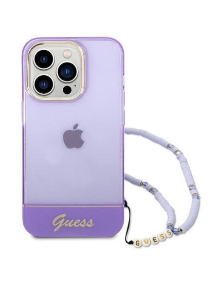 Guess Translucent Pearl Strap dėklas, skirtas iPhone 14 Pro - violetinė Guess Translucent Pearl Strap dėklas, skirtas iPhone 14 Pro - violetinė