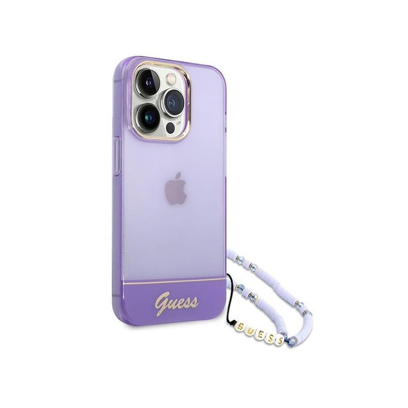 Guess Translucent Pearl Strap dėklas, skirtas iPhone 14 Pro - violetinė