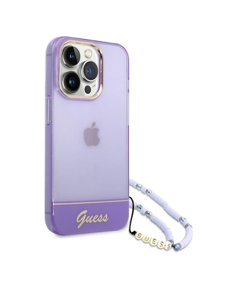 Guess Translucent Pearl Strap dėklas, skirtas iPhone 14 Pro - violetinė Guess Translucent Pearl Strap dėklas, skirtas iPhone 14 Pro - violetinė