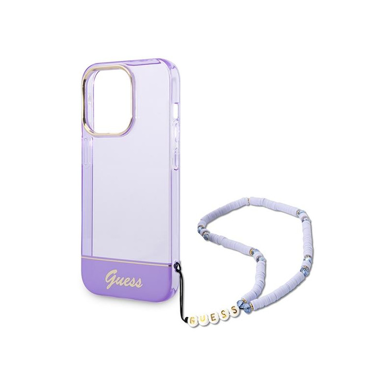 Guess Translucent Pearl Strap dėklas, skirtas iPhone 14 Pro - violetinė
