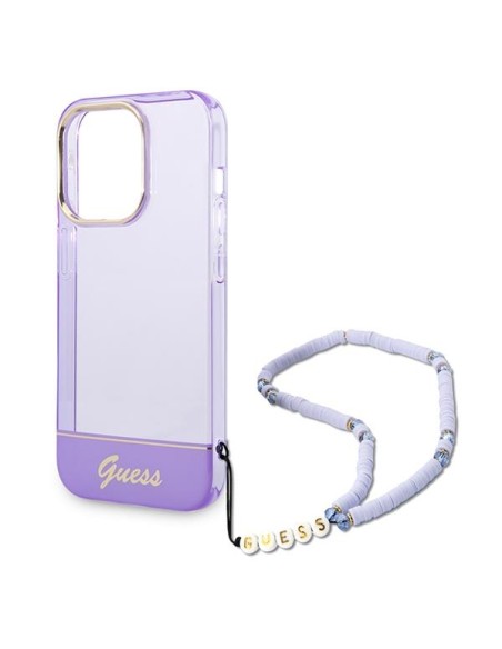 Guess Translucent Pearl Strap dėklas, skirtas iPhone 14 Pro - violetinė Guess Translucent Pearl Strap dėklas, skirtas iPhone 14 Pro - violetinė