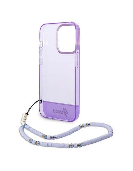 Guess Translucent Pearl Strap dėklas, skirtas iPhone 14 Pro - violetinė Guess Translucent Pearl Strap dėklas, skirtas iPhone 14 Pro - violetinė