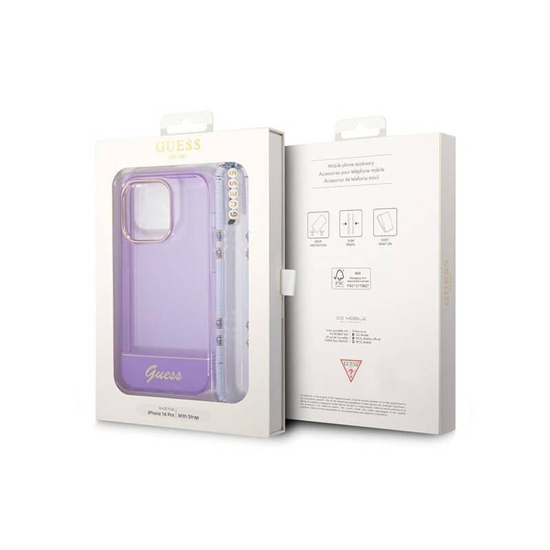Guess Translucent Pearl Strap dėklas, skirtas iPhone 14 Pro - violetinė