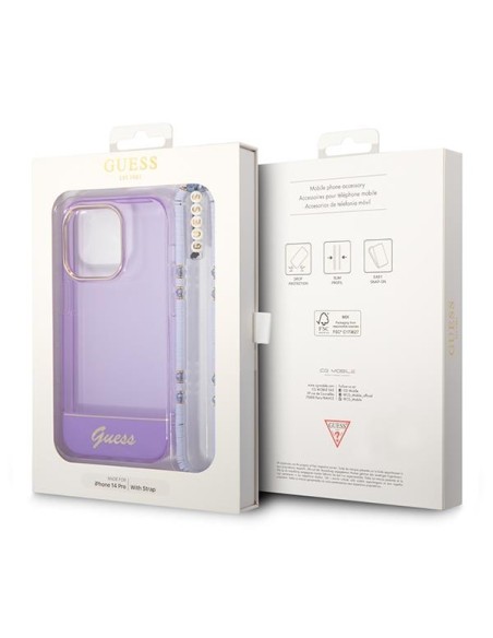 Guess Translucent Pearl Strap dėklas, skirtas iPhone 14 Pro - violetinė Guess Translucent Pearl Strap dėklas, skirtas iPhone 14 Pro - violetinė