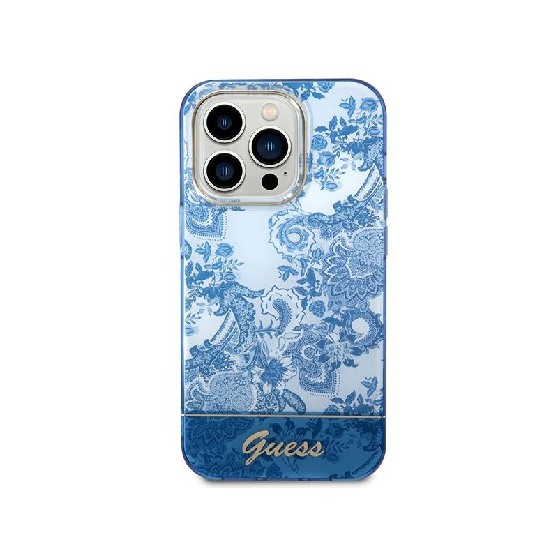 Guess Porcelain Collection dėklas, skirtas iPhone 14 Pro - mėlynas
