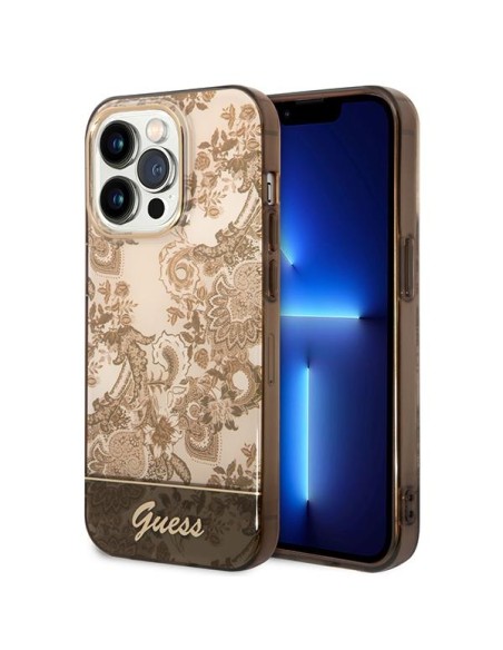 Guess Porcelain Collection dėklas, skirtas iPhone 14 Pro - smėlio spalvos Guess Porcelain Collection dėklas, skirtas iPhone 14 Pro - smėlio spalvos