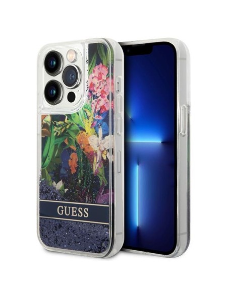 Guess Flower Liquid Glitter dėklas iPhone 14 Pro - mėlynas Guess Flower Liquid Glitter dėklas iPhone 14 Pro - mėlynas