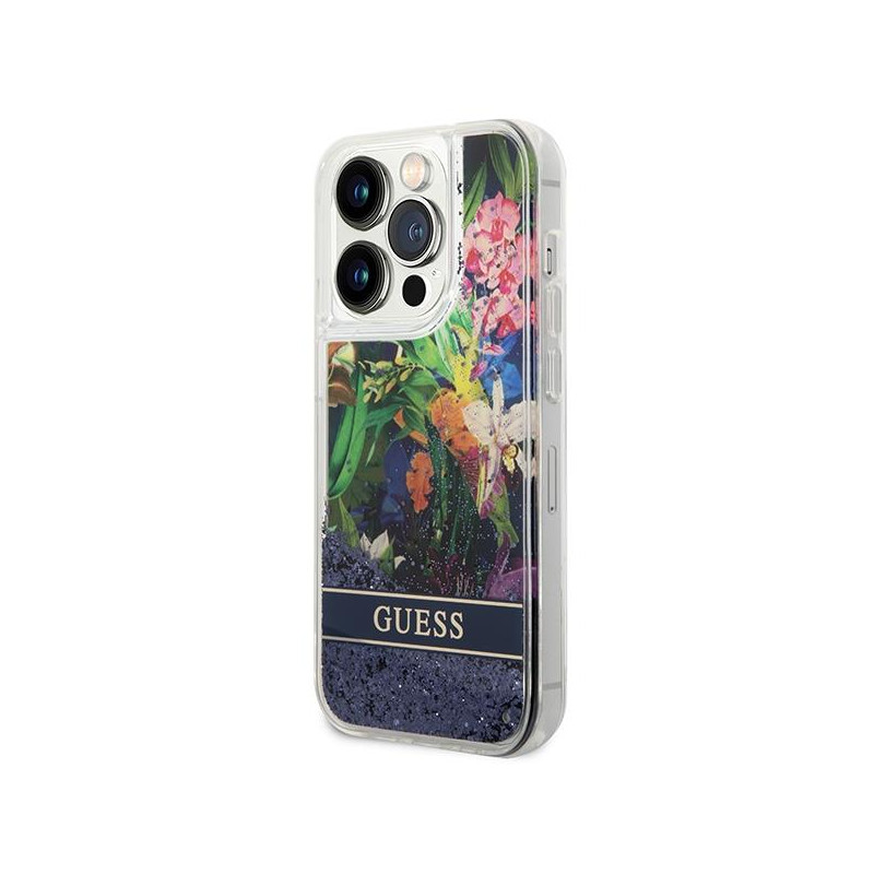 Guess Flower Liquid Glitter dėklas iPhone 14 Pro - mėlynas