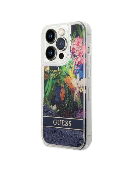 Guess Flower Liquid Glitter dėklas iPhone 14 Pro - mėlynas Guess Flower Liquid Glitter dėklas iPhone 14 Pro - mėlynas