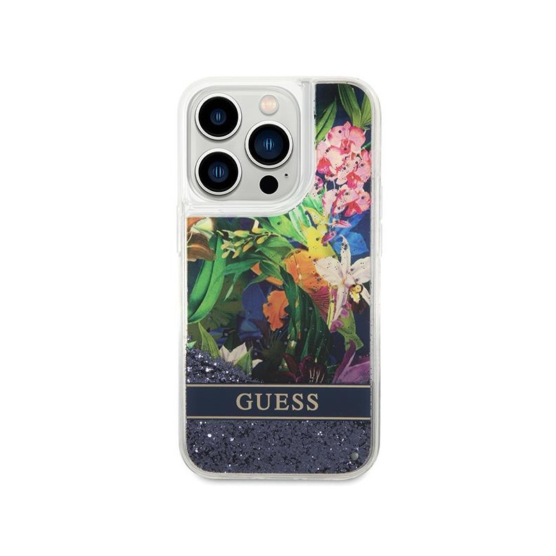 Guess Flower Liquid Glitter dėklas iPhone 14 Pro - mėlynas