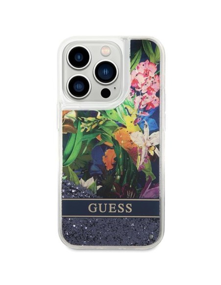 Guess Flower Liquid Glitter dėklas iPhone 14 Pro - mėlynas Guess Flower Liquid Glitter dėklas iPhone 14 Pro - mėlynas