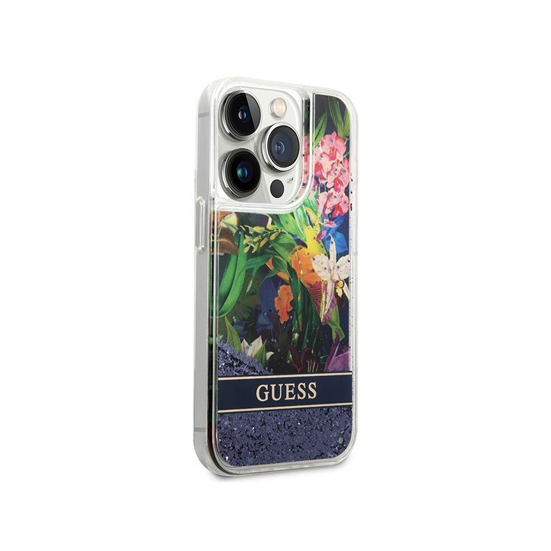 Guess Flower Liquid Glitter dėklas iPhone 14 Pro - mėlynas