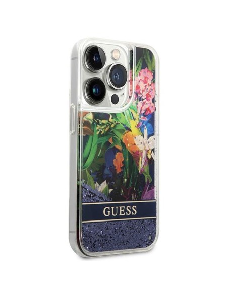 Guess Flower Liquid Glitter dėklas iPhone 14 Pro - mėlynas Guess Flower Liquid Glitter dėklas iPhone 14 Pro - mėlynas