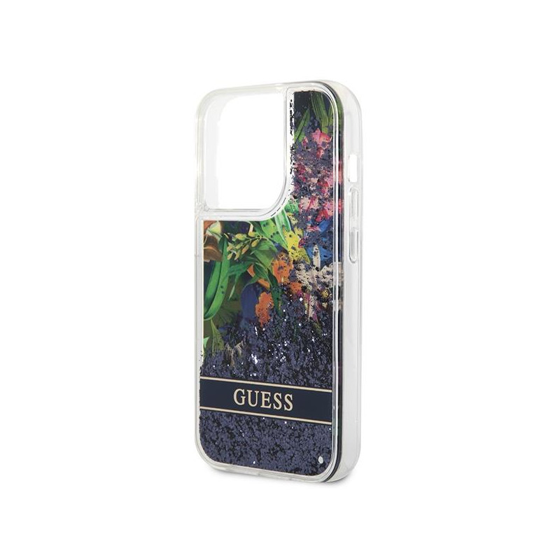 Guess Flower Liquid Glitter dėklas iPhone 14 Pro - mėlynas