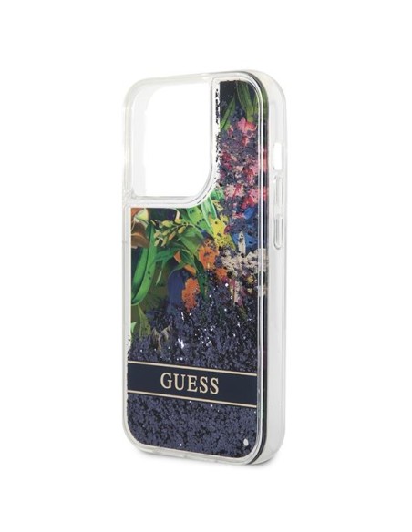 Guess Flower Liquid Glitter dėklas iPhone 14 Pro - mėlynas Guess Flower Liquid Glitter dėklas iPhone 14 Pro - mėlynas