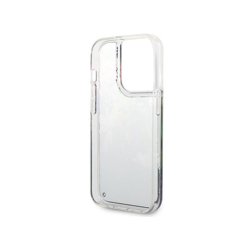 Guess Flower Liquid Glitter dėklas iPhone 14 Pro - mėlynas