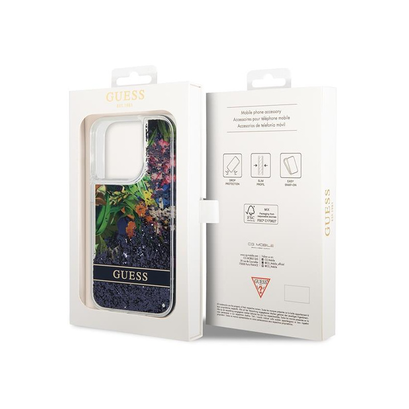 Guess Flower Liquid Glitter dėklas iPhone 14 Pro - mėlynas