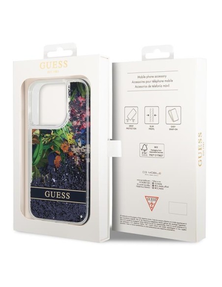 Guess Flower Liquid Glitter dėklas iPhone 14 Pro - mėlynas Guess Flower Liquid Glitter dėklas iPhone 14 Pro - mėlynas