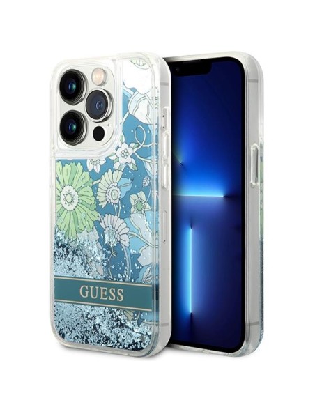 Guess Flower Liquid Glitter dėklas iPhone 14 Pro - žalias Guess Flower Liquid Glitter dėklas iPhone 14 Pro - žalias