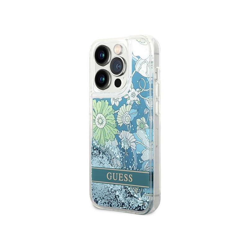 Guess Flower Liquid Glitter dėklas iPhone 14 Pro - žalias