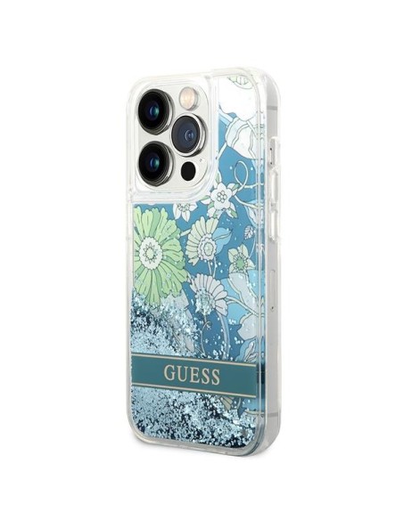 Guess Flower Liquid Glitter dėklas iPhone 14 Pro - žalias Guess Flower Liquid Glitter dėklas iPhone 14 Pro - žalias