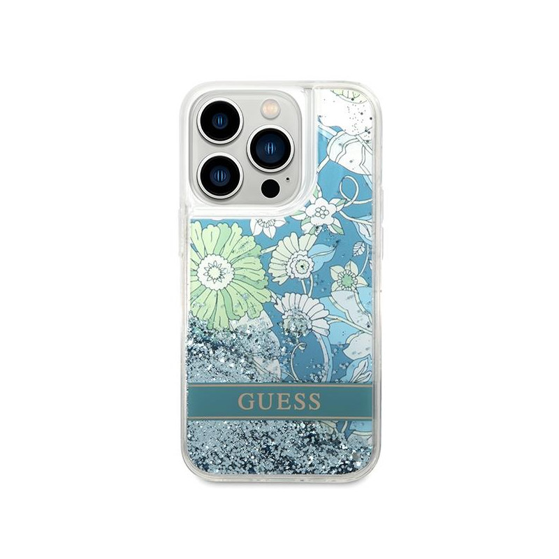 Guess Flower Liquid Glitter dėklas iPhone 14 Pro - žalias