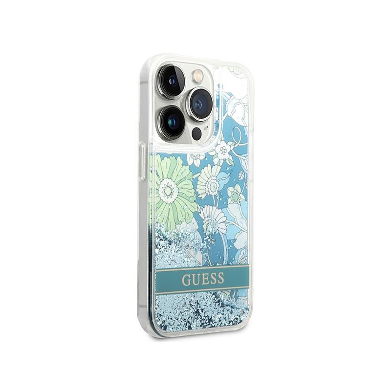 Guess Flower Liquid Glitter dėklas iPhone 14 Pro - žalias