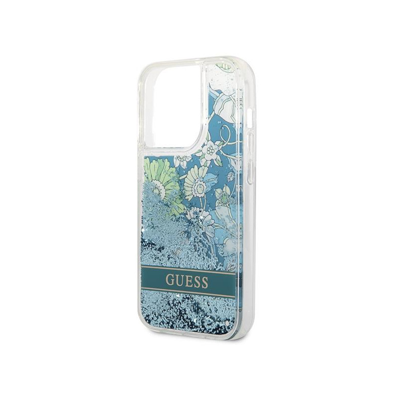 Guess Flower Liquid Glitter dėklas iPhone 14 Pro - žalias