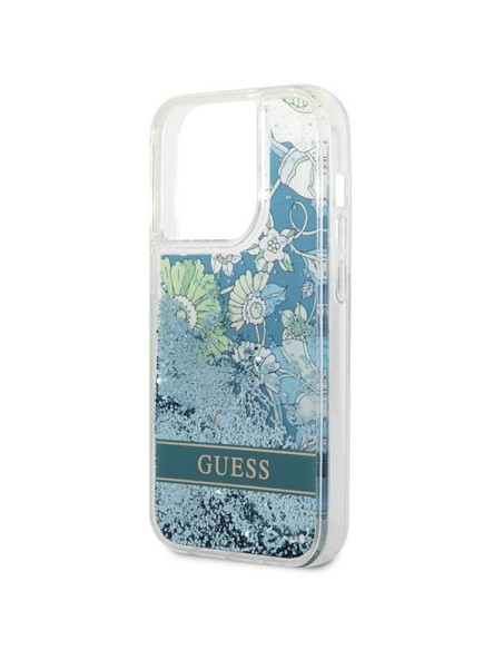 Guess Flower Liquid Glitter dėklas iPhone 14 Pro - žalias Guess Flower Liquid Glitter dėklas iPhone 14 Pro - žalias