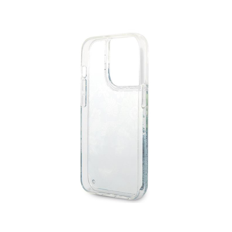 Guess Flower Liquid Glitter dėklas iPhone 14 Pro - žalias