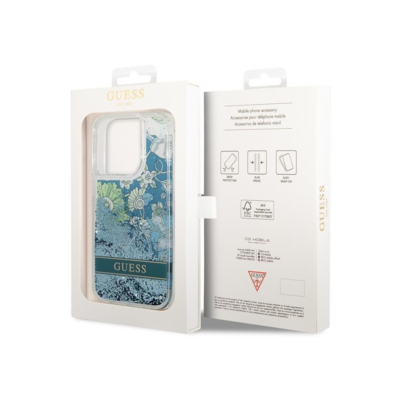 Guess Flower Liquid Glitter dėklas iPhone 14 Pro - žalias