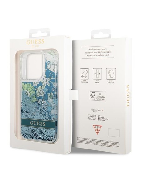 Guess Flower Liquid Glitter dėklas iPhone 14 Pro - žalias Guess Flower Liquid Glitter dėklas iPhone 14 Pro - žalias