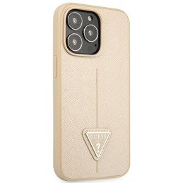 Guess Saffiano Triangle Logo dėklas, skirtas iPhone 14 Pro - smėlio spalvos