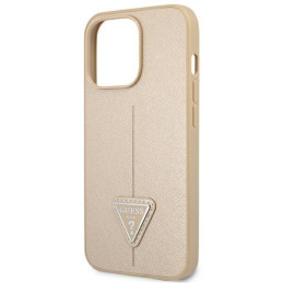 Guess Saffiano Triangle Logo dėklas, skirtas iPhone 14 Pro - smėlio spalvos