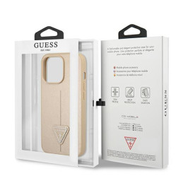 Guess Saffiano Triangle Logo dėklas, skirtas iPhone 14 Pro - smėlio spalvos