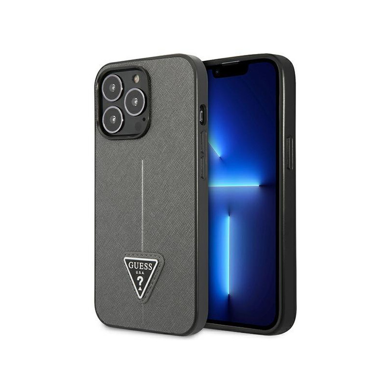 Guess Saffiano Triangle Logo dėklas iPhone 14 Pro - sidabrinis Guess Saffiano Triangle Logo dėklas iPhone 14 Pro - sidabrinis