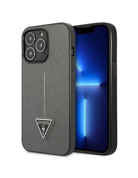 Guess Saffiano Triangle Logo dėklas iPhone 14 Pro - sidabrinis Guess Saffiano Triangle Logo dėklas iPhone 14 Pro - sidabrinis