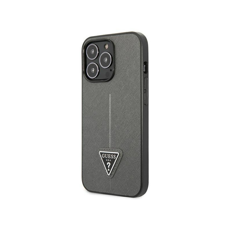 Guess Saffiano Triangle Logo dėklas iPhone 14 Pro - sidabrinis