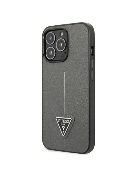 Guess Saffiano Triangle Logo dėklas iPhone 14 Pro - sidabrinis Guess Saffiano Triangle Logo dėklas iPhone 14 Pro - sidabrinis