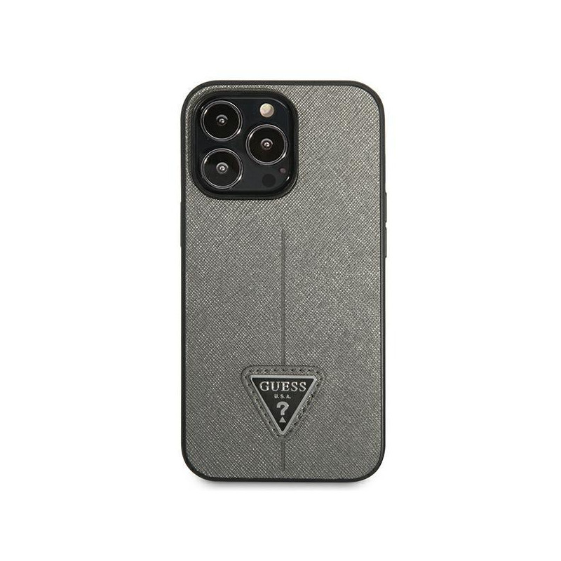 Guess Saffiano Triangle Logo dėklas iPhone 14 Pro - sidabrinis