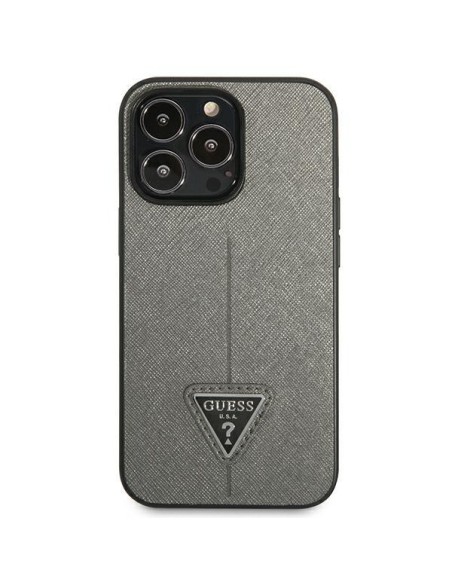 Guess Saffiano Triangle Logo dėklas iPhone 14 Pro - sidabrinis Guess Saffiano Triangle Logo dėklas iPhone 14 Pro - sidabrinis